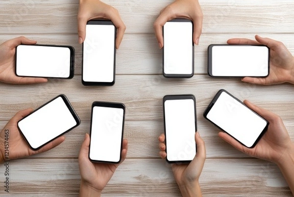 Fototapeta An overhead view of multiple hands holding various black smartphones