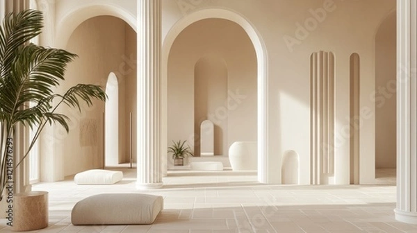Fototapeta A pastel-hued luxury interior with grand white columns, soft beige stucco walls, and tiles arranged in an elegant geometric pattern.