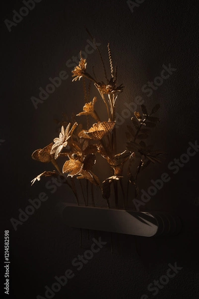 Obraz Flowers made of straw on a dark background. The flowers is illuminated by the sun. Wall vase for dried flowers. Small depth of field. Lutsk, Ukraine
