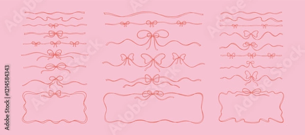 Fototapeta Set of hand drawn bow ribbon text dividers, tape separators and horizontal rectangle frames. Fancy sketchy vintage flourish design elements. Filigree wavy pink whimsical background