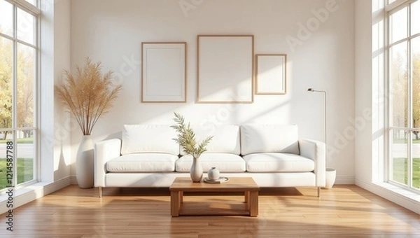 Fototapeta Cozy white leather couch nestled against a pristine white backdrop, flanked by a sleek wooden coffee table adorned with a vibrant plant-filled vase—a perfect blend of elegance and tranquility indoors