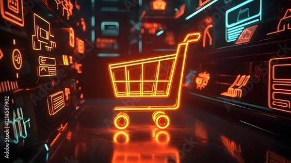 Fototapeta Glowing Virtual Shopping Cart Surrounded by Interactive Shopping Icons in Futuristic Neon Layout