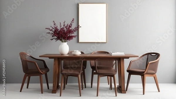 Fototapeta A cozy wooden dining setup featuring four sleek chairs with brown mesh seats encircling an elegant wooden table, accented by a charming vase at its center