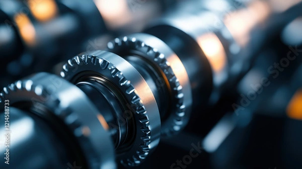 Fototapeta A close-up view of metallic gears and cogs, intricately designed and illuminated, showcasing precision engineering in machinery.