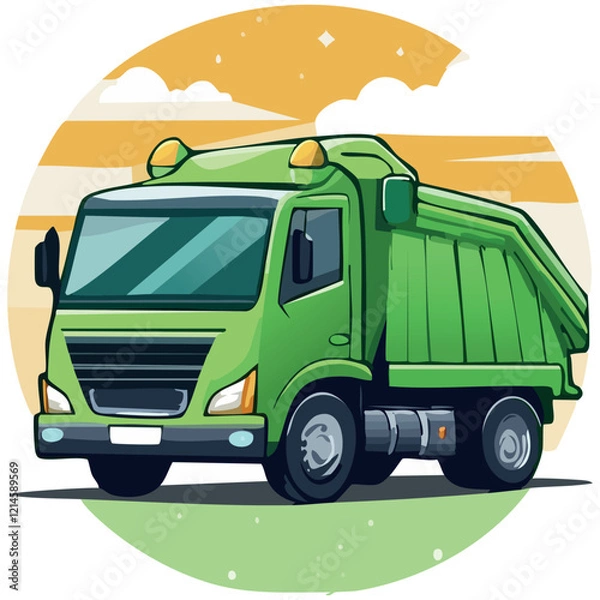 Fototapeta Green garbage truck in flat style. Vector Illustration. 