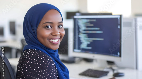 Fototapeta African business woman in blue hijab work at office with computers in desk