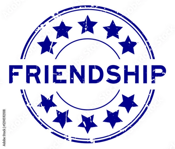 Fototapeta Grunge blue friendship word with star icon round rubber seal stamp on white background