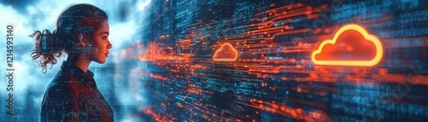 Fototapeta Business Worker Engaging with Multicloud Technology Digital Workspace Virtual Environment Futuristic Viewpoint