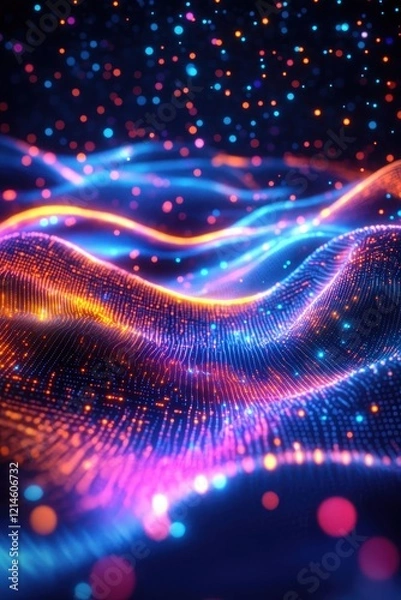 Fototapeta ** Vibrant Abstract Digital Wave with Colorful Light Particles in a Futuristic Cyber Landscape..**