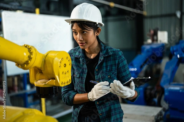 Fototapeta Female engineer wearing a safety helmet and gloves carefully examines a yellow robotic arm while taking notes on a clipboard in a high-tech industrial factory.