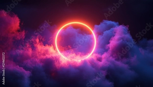 Fototapeta Abstract clouds illuminated with a neon light ring on a dark background, a glowing round frame, a dreamy composition, colorful clouds	
