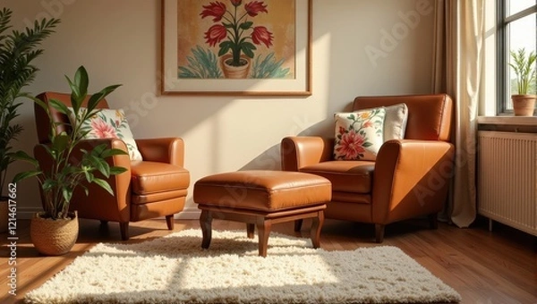 Fototapeta Elegant indoor scene featuring plush orange leather armchairs, cozy footstool, atop a soft white shaggy rug on polished wood flooring. A vibrant potted plant adds life beside the seating arrangement. 