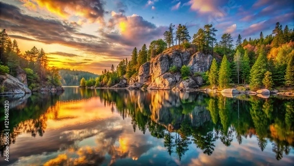 Fototapeta Serene Lake Reflection: Trees and Rocky Bluff at Dawn