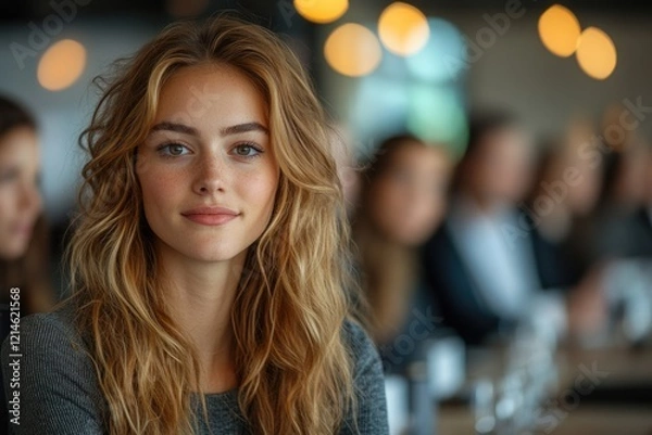 Fototapeta A woman sits at a table with a group of people in the background, possibly having a conversation or sharing food