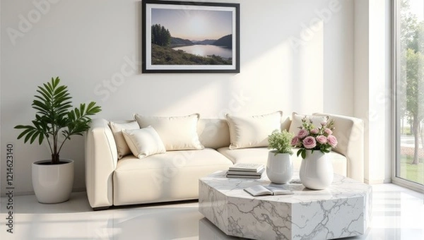 Fototapeta Elegant indoor scene: White marble coffee table set before a plush, cream leather couch. Three white vases holding delicate pink blooms adorn the right, complemented by a chic plant in a white pot nea