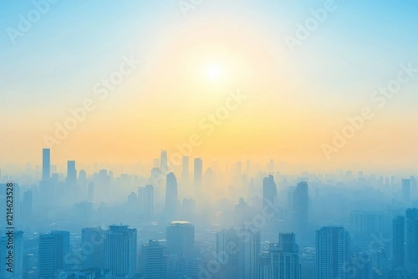 Fototapeta A Serene Sunrise Over a Cityscape, Bathed in Soft Blue and Golden Light, Highlighting Skyscrapers and Urban Architecture in a Misty Atmosphere
