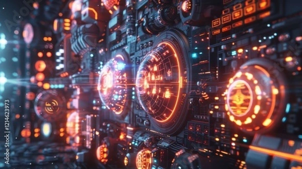 Fototapeta Futuristic control panel with glowing circuits and intricate designs, showcasing advanced technology