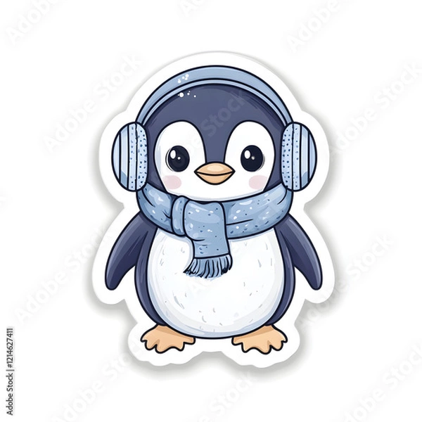 Fototapeta A cute penguin donning a cozy scarf and earmuffs for winter fun