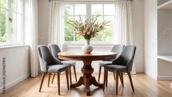 Fototapeta Elegant round wooden table set with sleek gray chairs surrounds a charming white, cylindrical vase holding vibrant pink blooms. Indulge in the serene indoor charm