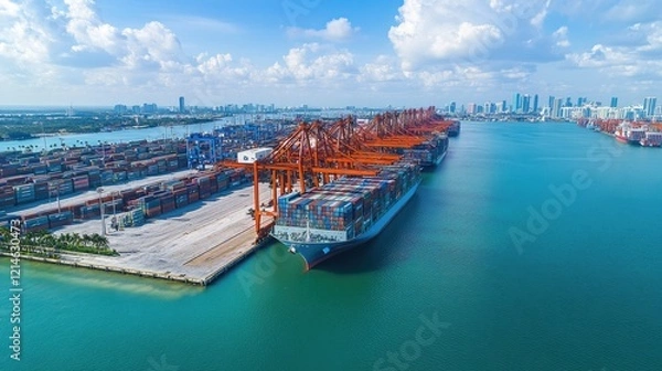 Fototapeta A large container ship is docked at the port, with cranes and other equipment nearby