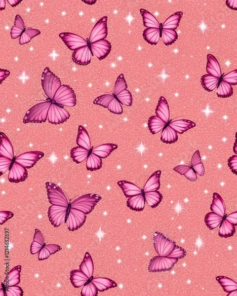 Fototapeta Seamless Glitter blush Pink Butterfly Pattern with Sparkling Background