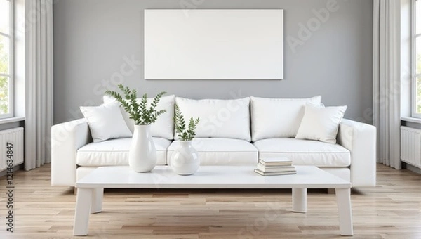 Fototapeta Elegant white coffee table anchors a cozy space against a sleek gray backdrop, flanked by a pristine white couch adorned with charming white vases holding vibrant green plants