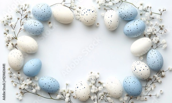 Obraz happy easter concept, eggs and flowers composition, top view flatlay 
