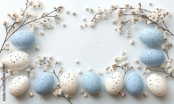 Obraz happy easter concept, eggs and flowers composition, top view flatlay 