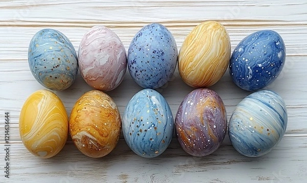 Obraz happy easter concept, eggs and flowers composition, top view flatlay 