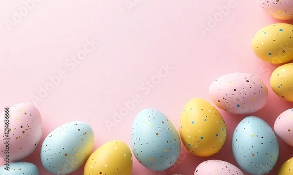 Obraz happy easter concept, eggs and flowers composition, top view flatlay 