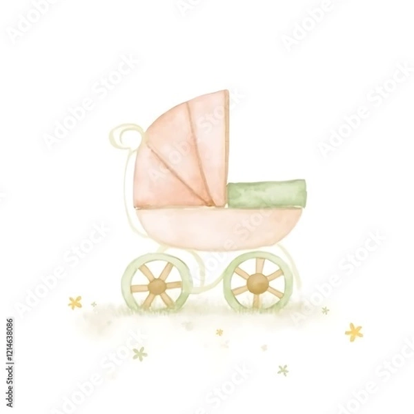 Obraz Pastel Pink Baby Stroller: A charming watercolor illustration of a pastel pink baby stroller sitting on a grassy patch, surrounded by delicate pastel flowers. Perfect for baby shower invitations.
