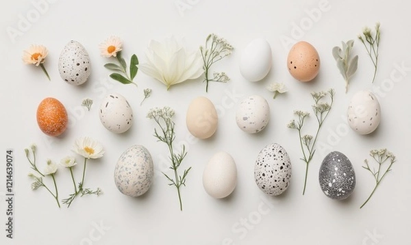 Obraz Festive easter light coloured background. Happy easter concept, eggs, flowers, herbs