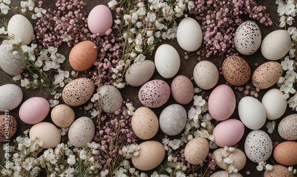Obraz Festive easter light coloured background. Happy easter concept, eggs, flowers, herbs