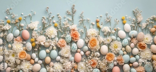 Obraz Festive easter light coloured background. Happy easter concept, eggs, flowers, herbs