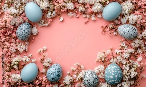 Obraz Festive easter light coloured background. Happy easter concept, eggs, flowers, herbs