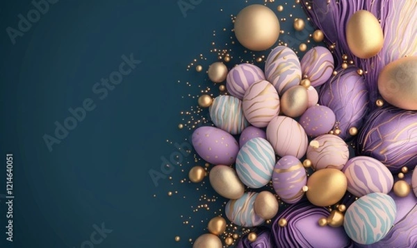 Obraz festive easter eggs with bright bibrant colours, golden dust and sparkles, colour waves. Top view.