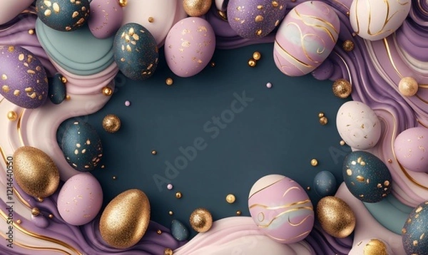 Fototapeta festive easter eggs with bright bibrant colours, golden dust and sparkles, colour waves. Top view.