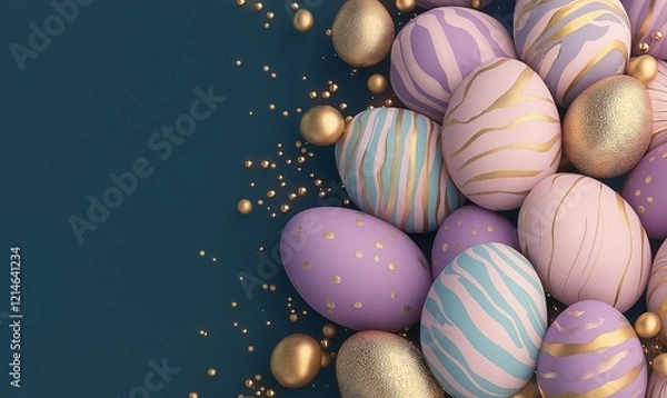 Obraz festive easter eggs with bright bibrant colours, golden dust and sparkles, colour waves. Top view.