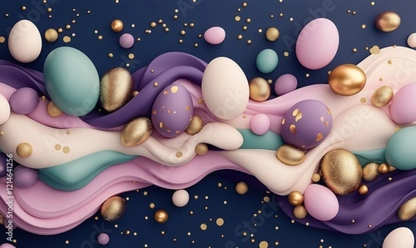 Obraz festive easter eggs with bright bibrant colours, golden dust and sparkles, colour waves. Top view.