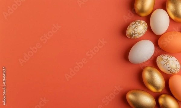 Obraz Festive easter bright coloured background. Happy easter concept, eggs, gold, prosper and income concept