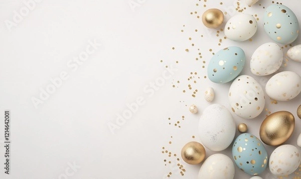 Obraz Festive easter light coloured background. Happy easter concept, eggs, flowers, herbs	