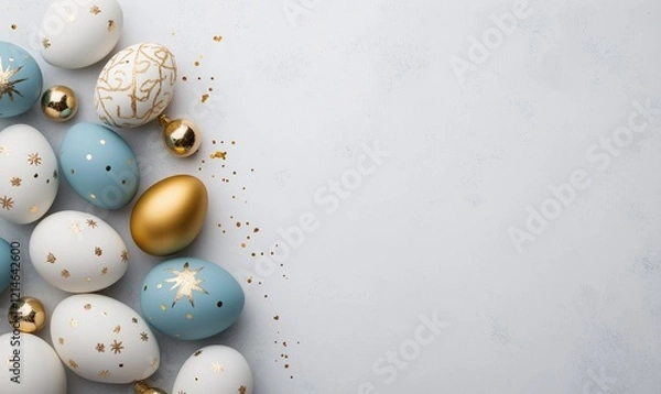 Obraz Festive easter light coloured background. Happy easter concept, eggs, flowers, herbs	