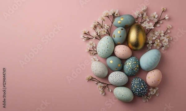 Obraz Festive easter light coloured background. Happy easter concept, eggs, flowers, herbs	