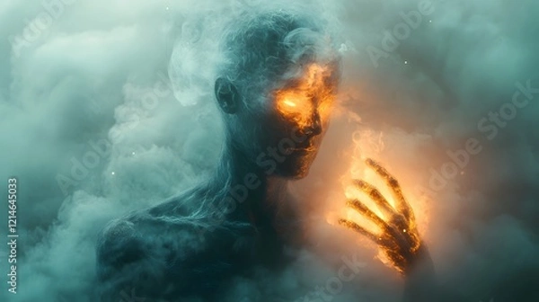 Fototapeta Man holding fire in hand with flames illuminating his face in dark environment