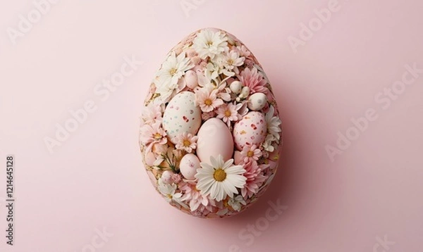 Obraz Easter decorations eggs and flowers shaped in egg form, festive happy easter top  view light pink background.