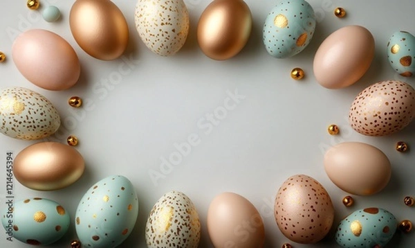 Obraz Festive easter light coloured background. Happy easter concept, eggs, flowers, herbs	