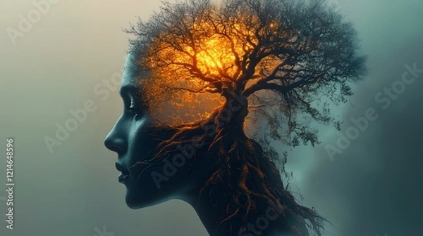 Fototapeta Woman with a tree growing from her head symbolizing nature and creativity in a surreal artistic concept