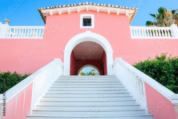 Fototapeta A colorful pink building with steps leading up to the entrance, suitable for use in illustrations or graphics about education, architecture, or urban design