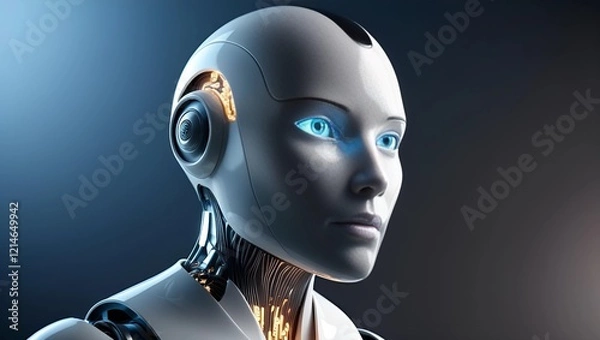 Fototapeta Humanoid Robot Head with Glowing Blue Eyes and Circuit Patterns

