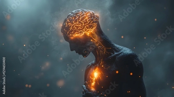Fototapeta Man with a glowing brain illustrating creativity and intelligence concept in a dark background